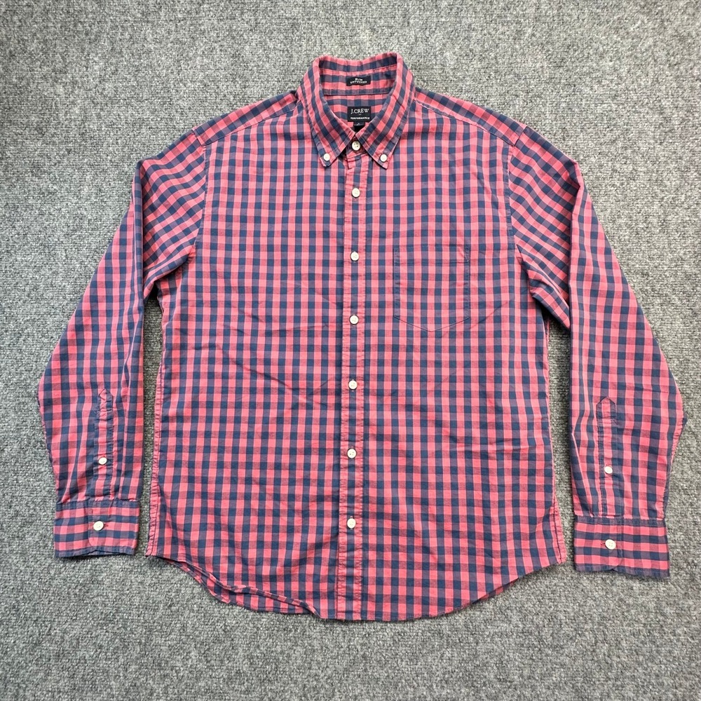 J. Crew Performance Shirt Mens L. Red Navy Gingham Slim Untucked BE151 Excellent